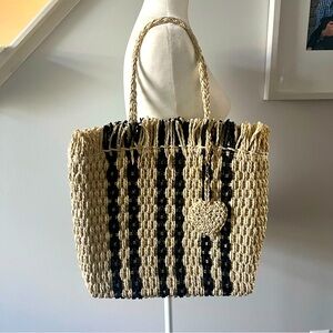 Haute Hippie Straw Raffia Tote Bag Natural Black